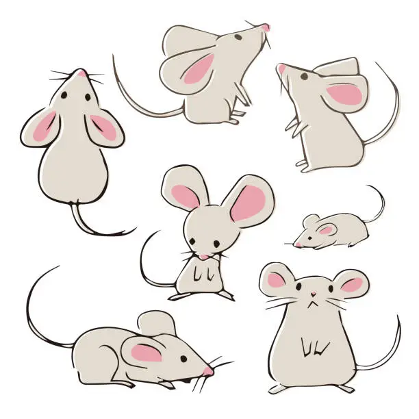 Vector illustration of Cute hand-drawn mouses with different poses