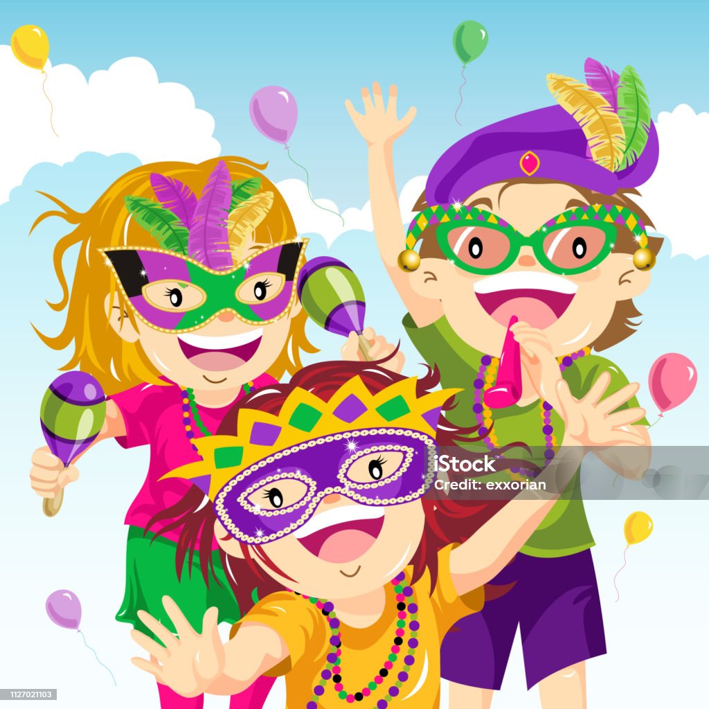 Teenager Dressing Up for Mardi Gras Kids dressing up in Mardi Gras parade. Carnival - Celebration Event stock vector