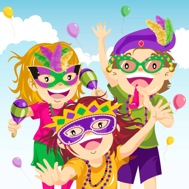 Teenager Dressing Up for Mardi Gras Kids dressing up in Mardi Gras parade. carnival children stock illustrations