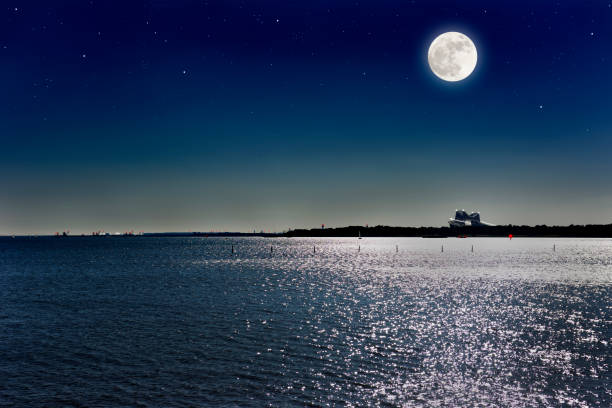 Full moon rising over the Tokyo bay area with copy space.