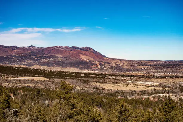 View looking west from Colorado Springs, Colorado on a winter day towards the Rocky Mountain foothills