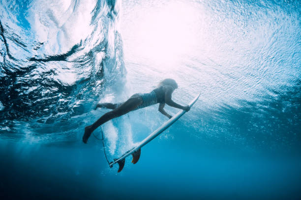 istock Surfer woman dive underwater. Surfgirl dive under ocean wave 1127027954