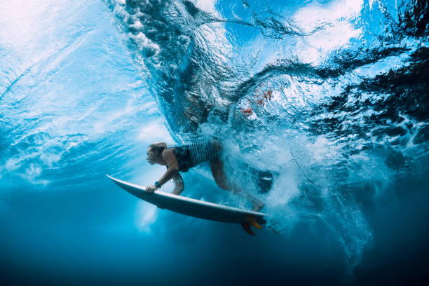 istock Surfer woman dive underwater. Surfgirl dive under big wave 1127028001