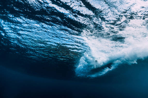istock Barrel wave underwater with surfboard. Ocean in underwater 1127028034