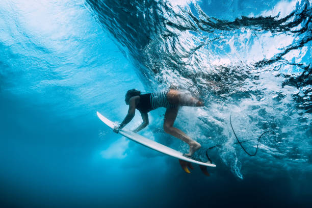 istock Surfer dive underwater. Surfgirl dive under big wave 1127028050