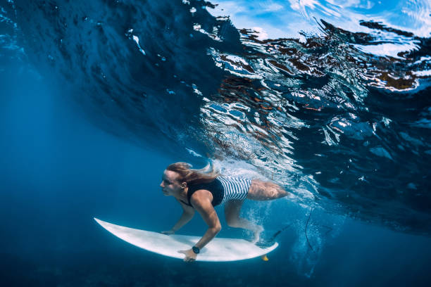 istock Surfer girl dive underwater. Surfer dive under big wave 1127028681