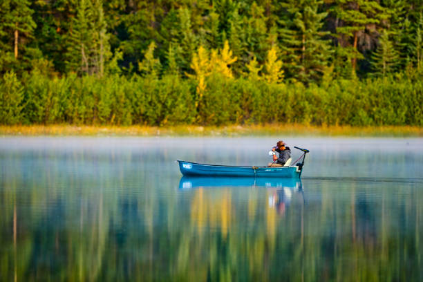 Jasper National Park in Alberta Canada on September 23, 2012: Fishing on Patricia Lake, Jasper National Park