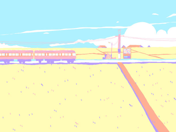 bildbanksillustrationer, clip art samt tecknat material och ikoner med japan gröna landskapet, tåg som passerar genom risfälten med liten by och blå himmel i bakgrunden, färgglada pastellfärger tema - travel by train