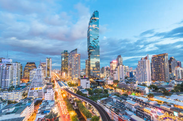 Bangkok city view has a modern building  and subway station Thailand stock photo