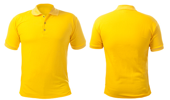 Blank collared shirt mock up template, front and back view, isolated on white, plain yellow t-shirt mockup. Polo tee design presentation for print.