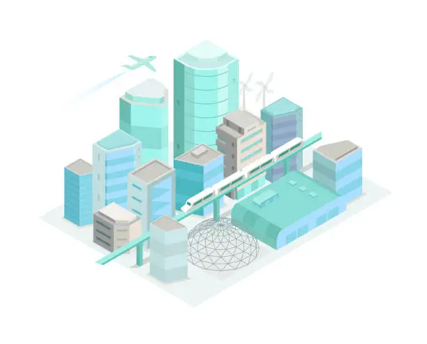 Vector illustration of City Isometric landscape. Modern architecture, buildings. Train crossing the light rail subway railway. 3d style vector illustration.