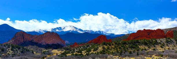 Pikes Peak and Garden of the Gods at Colorado Springs stock photo