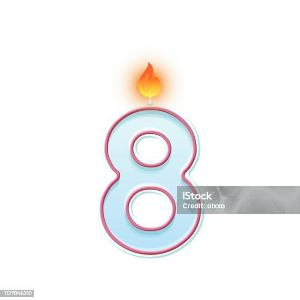Candle Number Eight 8 Symbol Burning Candle Cartoon Realistic Vector Candle Number For Birthday Cakes Stock Illustration - Download Image Now