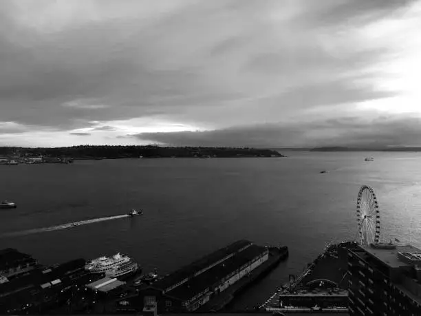 Sunset over Elliott bay in Seattle Washington, shot from the vertex lounge.