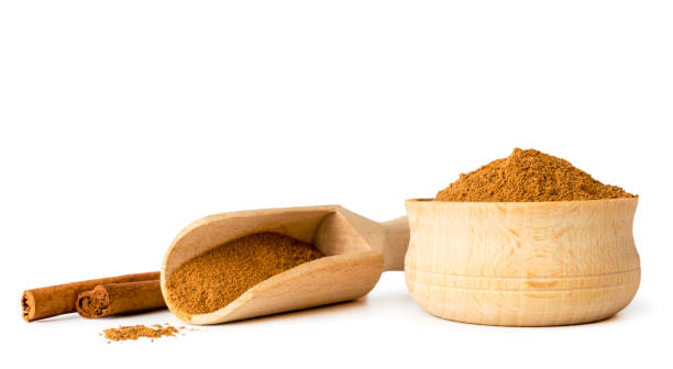 istock Cinnamon sticks, ground cinnamon in wooden spoon and plate on a white, isolated. 1127048895