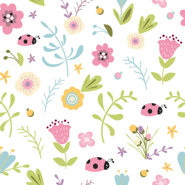 Summer forest floral seamless pattern hand drawn spring pastel garden background Meadow flowers vector art illustration
