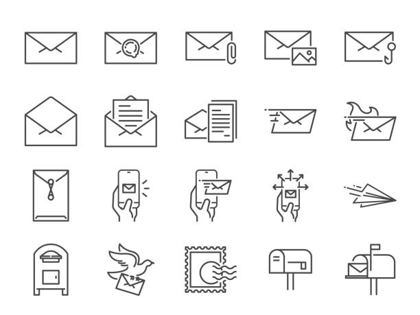 ilustraciones, imágenes clip art, dibujos animados e iconos de stock de conjunto de iconos de la línea de correo. incluye iconos como correo electrónico, paloma, sobre, enviados, buzón y mucho más. - sending mail