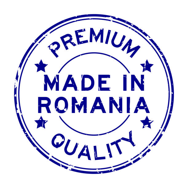 istock Grunge blue premium quality made in Romania round rubber seal stamp on white background 1127057935