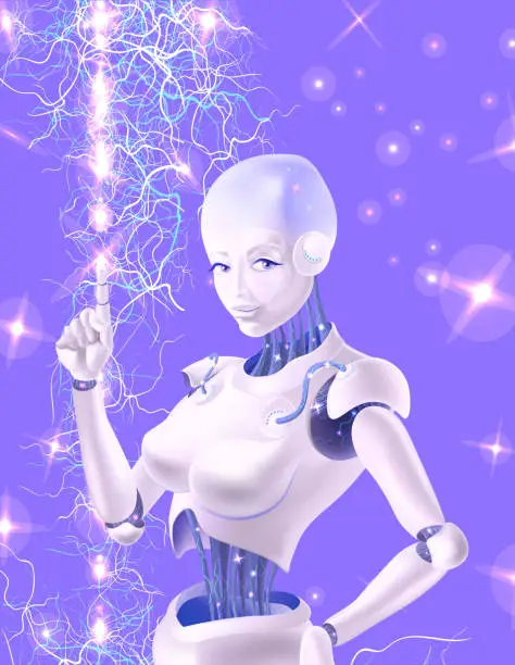 Vector illustration of A robot woman holding an index finger up. Neurons are on the wires of the robot