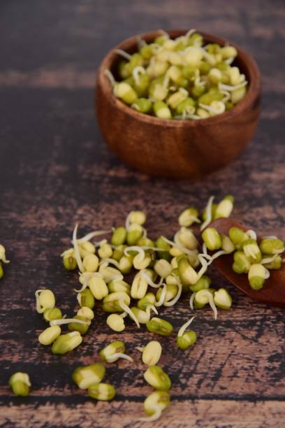 istock Mung bean sprouts in wooden bowl on rustic background 1127061388