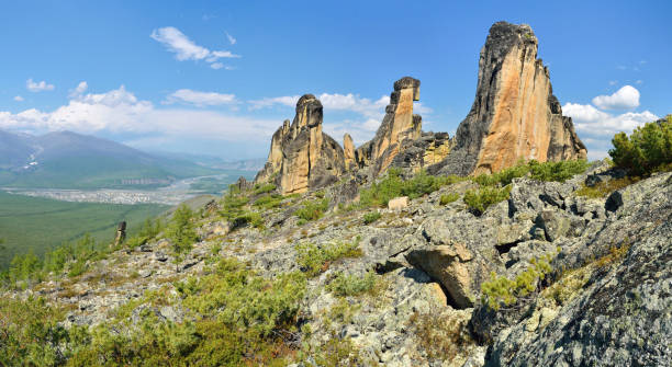 Stitched Panorama. Neighborhood of the village of Ust-Nera. Oymyakon. Sarychev's ridge with "kisilyakh" ("stone people") stock photo