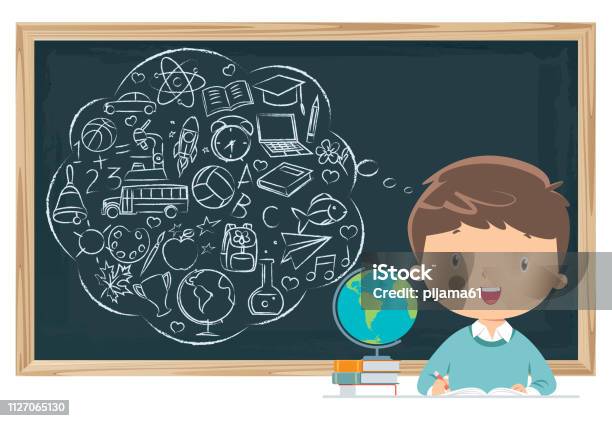 Chalkboard School Symbols And Boy Stock Illustration - Download Image Now - Child, Education, Doodle