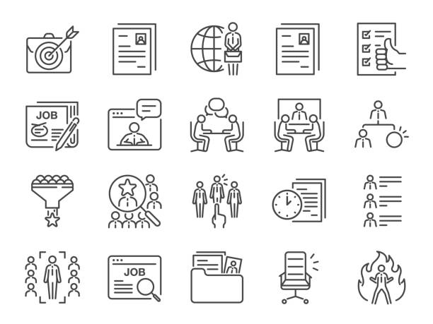 ilustraciones, imágenes clip art, dibujos animados e iconos de stock de puestos de trabajo línea de conjunto de iconos. incluye iconos como carrera, buscar trabajo, empleo, recluta, reclutamiento y más. - job search recruitment occupation employment issues