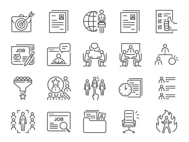 Vector illustration of Jobs line icon set. Included icons as career, seeking job, employment, recruit, recruitment and more.