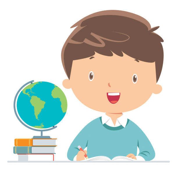 illustrazioni stock, clip art, cartoni animati e icone di tendenza di ragazzo che fa i compiti - learning child education globe