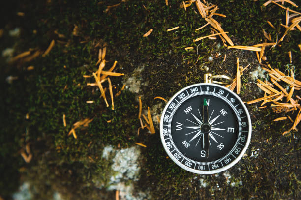istock Magnetic compass with a black dial on a wild stone covered with green moss. The concept of finding the way and navigation 1127069572