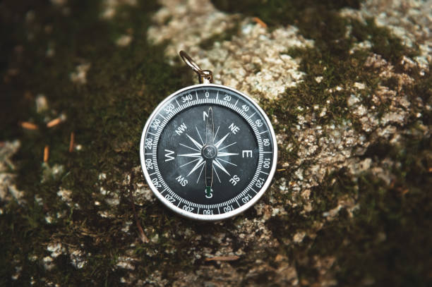 istock Magnetic compass with a black dial on a wild stone covered with green moss. The concept of finding the way and navigation 1127070304