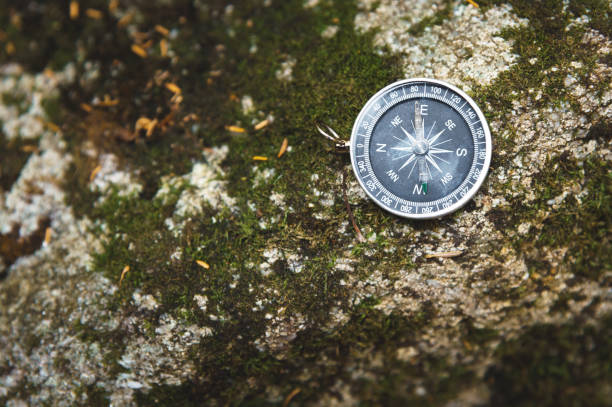 istock Magnetic compass with a black dial on a wild stone covered with green moss. The concept of finding the way and navigation 1127070492
