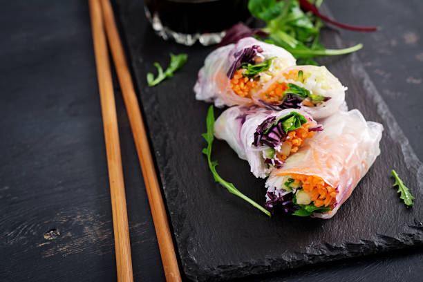 istock Vegetarian vietnamese spring rolls with spicy sauce, carrot, cucumber, red cabbage and rice noodle. Vegan food. Tasty meal.  Copy space 1127070860