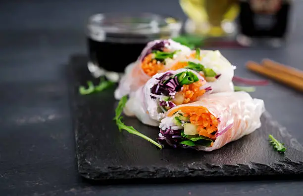 Photo of Vegetarian vietnamese spring rolls with spicy sauce, carrot, cucumber, red cabbage and rice noodle. Vegan food. Tasty meal.  Copy space
