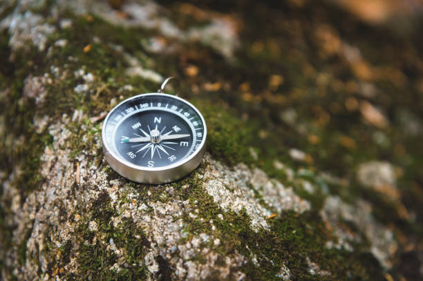 istock Magnetic compass with a black dial on a wild stone covered with green moss. The concept of finding the way and navigation 1127071533