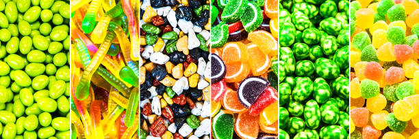 istock Set of various colored candies, sweets, chocolate. Background. View from above. 1127079118