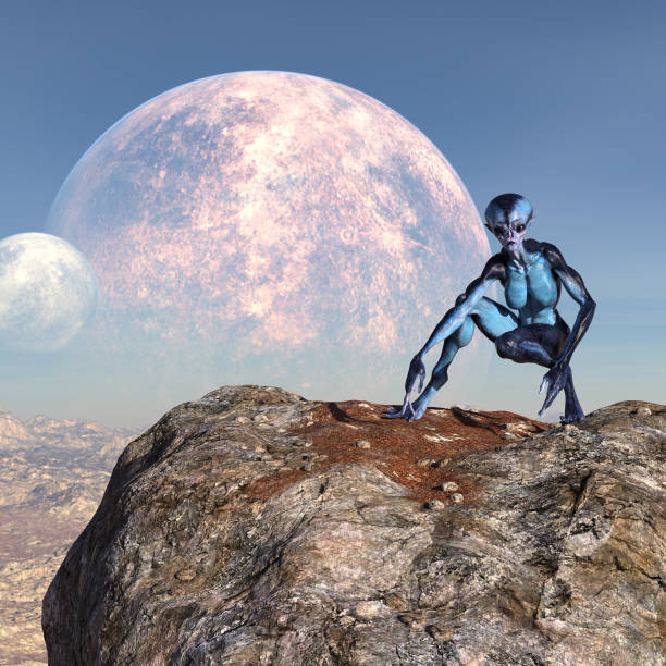 istock Illustration of an alien crouching on an alien world 1127080348