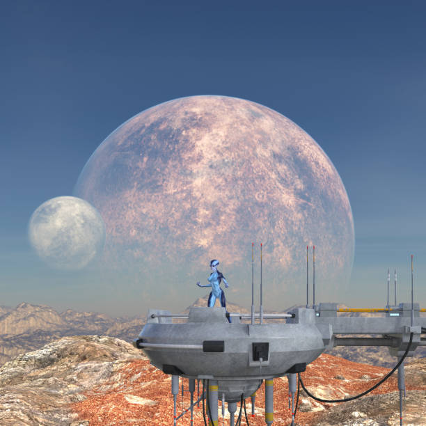 istock Illustration of an alien standing on a platform on an alien world 1127080354