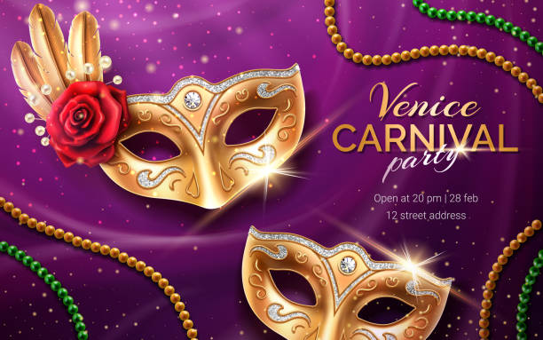 марди гра карнавал пригласить с маской и бисером - carnival mardi gras mask peacock stock illustrations