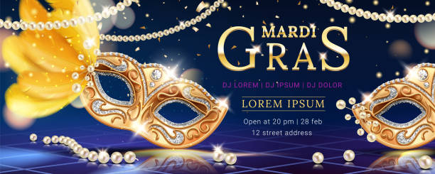 Mask with feather for mardi gras carnival banner Masquerade mask with feather for mardi gras carnival banner. Venice event invite background with beads and confetti. Party flyer or venetian festive card design. Holiday and disguise, celebration mardi gras flyer stock illustrations