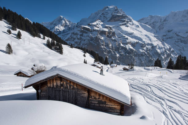 winter wonderland - mountain drop europe switzerland imagens e fotografias de stock