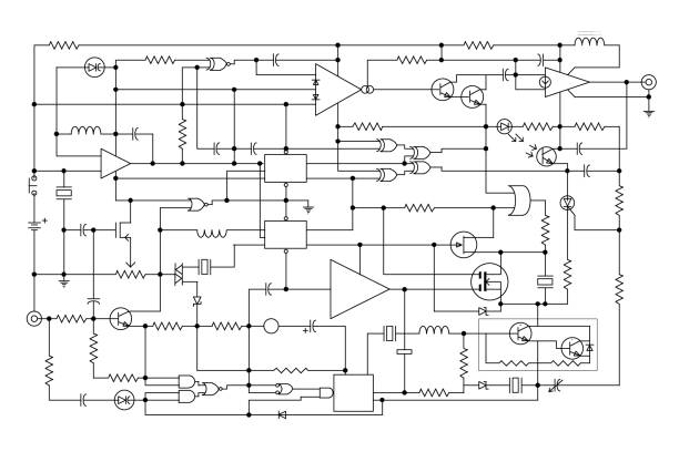 electronic project - schematic circuit diagram schematic diagram - project of electronic circuit - graphic design of electronic components and semiconductor electrician stock illustrations