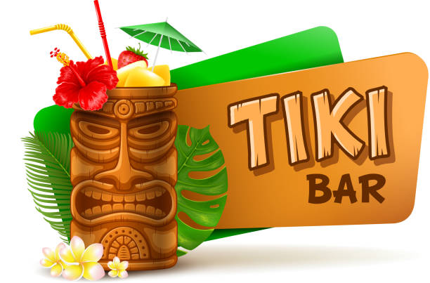 Tiki Bar Label With Cocktail In Tiki Mug Refreshing Tropical Cold Tiki Drink Cocktail. Tiki Bar Label. Vector Illustration. Isolated On White Background. mai tai hawaii stock illustrations