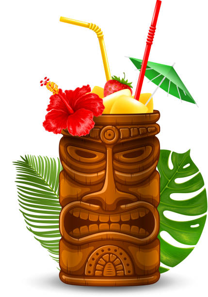 Tropical Cocktail In Tiki Mug Refreshing Tropical Cold Tiki Drink Cocktail. Vector Illustration. Isolated On White Background. tiki stock illustrations