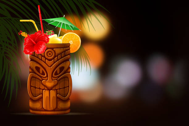 Tiki Cocktail On Summer Night Background Refreshing Tropical Cold Tiki Drink Cocktail On Summer Night Blurred Background. Vector Illustration. mai tai hawaii stock illustrations