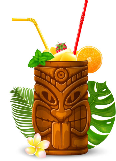 Tropical Cocktail In Tiki Mug Refreshing Tropical Cold Tiki Drink Cocktail. Vector Illustration. Isolated On White Background. mai tai hawaii stock illustrations