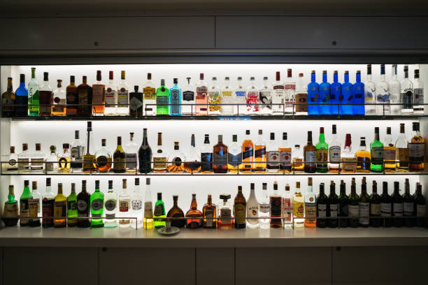 Alcohol shelf in a bar stock photo