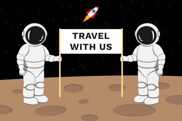 istock Two astronauts standing on moon surface and holding banner with TRAVEL WITH US inscription. Travel agency advertising. Vector illustration 1127087747