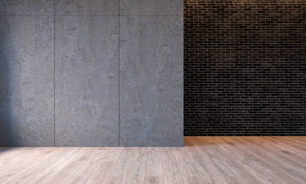 istock Modern loft interior with architecture concrete cement wall panels, brick wall, concrete floor. Empty room, blank wall. 3d render illustration mockup 1127088878