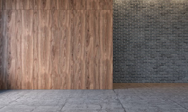 istock Modern loft interior with wooden wall panels, brick wall, concrete floor. Empty room, blank wall. 3d render illustration mockup 1127088887